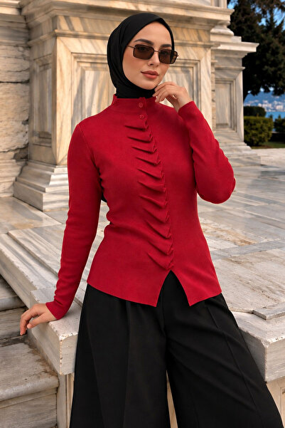 Tesettür Dünyası Selbstfaltende Strickjacke TSD260323 Rot