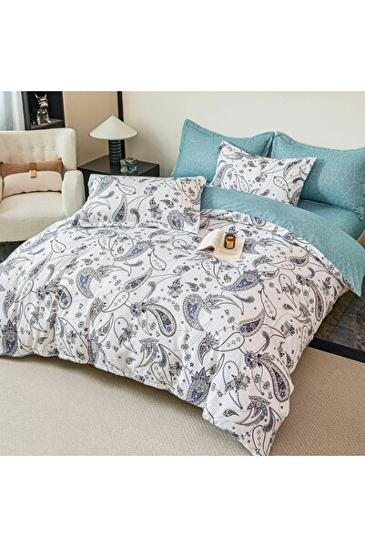 decorami Lenjerie pat dublu, FINET, 6 piese, cu ELASTIC, Jojo Home, Alb, Bleu...