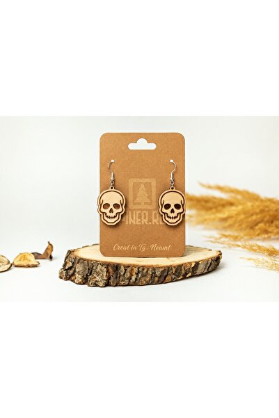 Piner Cercei handmade din lemn, model Cranii, Halloween, nuante naturale
