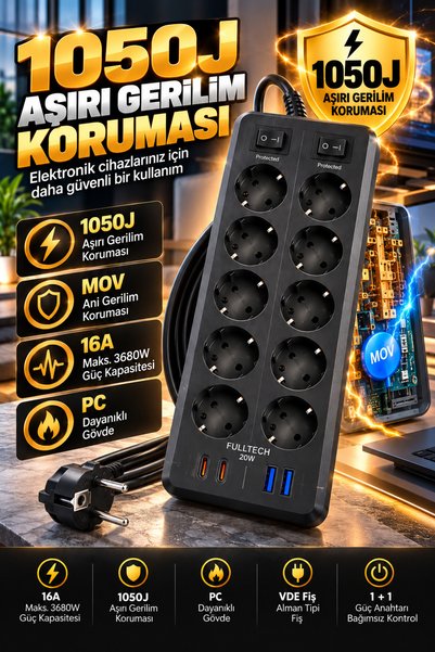 Merwish 10'lu Akım Korumalı Priz 1050 Joule, 2 USB-C PD 20W, 2 USB-A, 2 Metre Kablolu, 16A 3680W, Çift Anahtarlı, Çocuk Korumalı Siyah Çoklu Priz