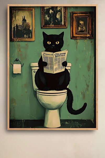 HOMEPACK Black Cat Reading Newspaper in the Toilet Framed Painting Cat Poster Modern Wall Decor Kedi46