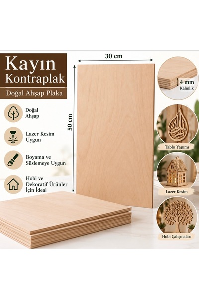 Genel Markalar 4 mm Kayın Kontraplak 30x50 cm Doğal Ahşap Plaka – Lazer Kesim...
