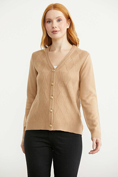 Sementa Motifed V-Neck Knitwear Cardigan - Camel