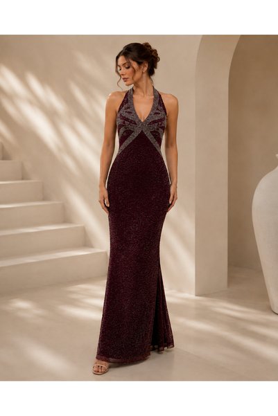 SELSAL Crystal Embroidered Halter Evening Dress – Oudi