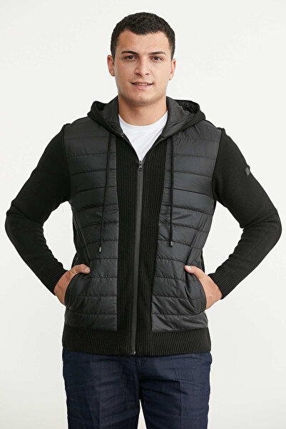 Sementa Hooded Quilted Detailed Wool Knitwear Coat - Black