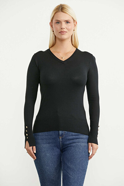 Sementa Cuff Detail V-Neck Knit Sweater - Black