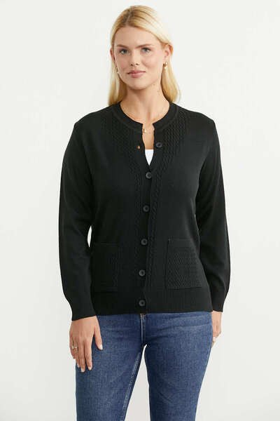 Sementa Round Neck Knitwear Cardigan with Pockets - Black