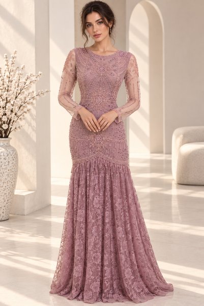 SELSAL Embroidered Mermaid Lace Evening Dress - Dusty Rose
