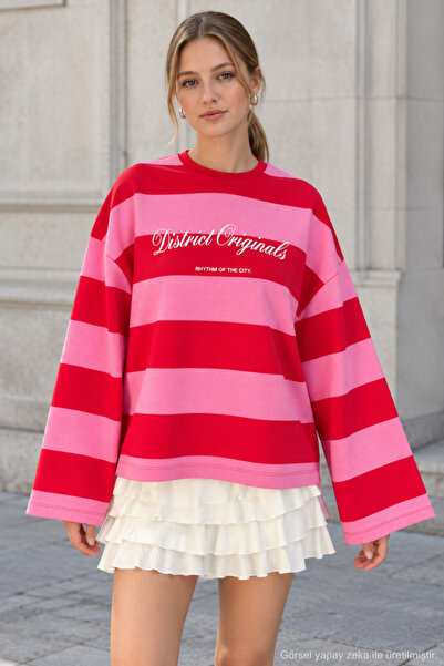 QUHOX Kadın Oversize Bisiklet Yaka Çizgili Baskılı Sweatshirt - Pembe