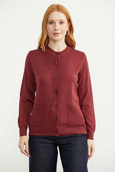 Sementa Round Neck Knitwear Cardigan with Pockets - Claret Red