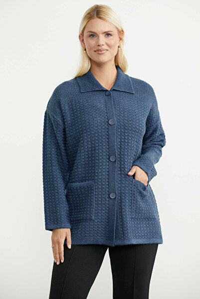 Sementa Knitted Motif Polo Collar Pocketed Knitwear Jacket - Indigo