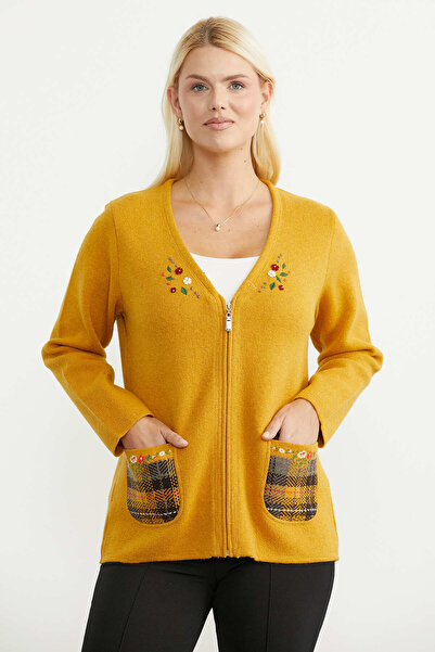 Sementa Women's Floral Embroidered Zippered Knitwear Jacket with Pockets - Sun