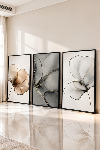 bestablo Modern Minimalist 3’lü Ahşap Tablo Seti – Gold Detaylı Soyut Çiçek T...