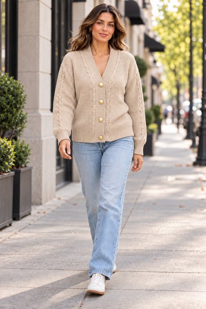 Devinka Women's Beige Buttoned Knitwear Cardigan