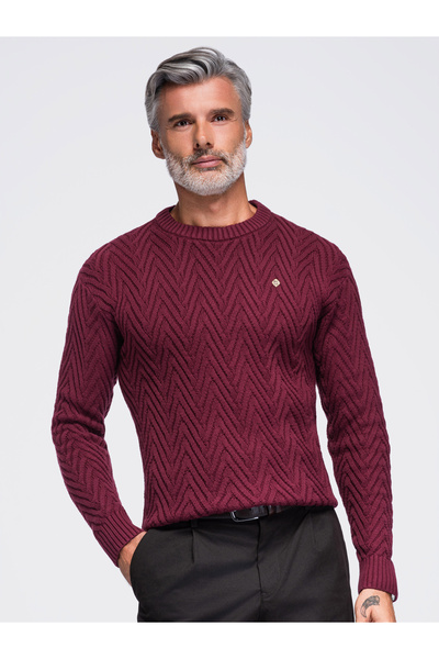OMBRE Herrenpullover, Regular Fit, Chevron-Muster OM-SWSW-0190 Burgunderrot