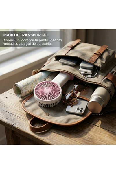 Sunix Mini Ventilator Portabil FN-01, Reîncărcabil USB, Suport Telefon, Roz