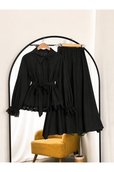 Hepsi Moda Side Buttoned Guipure Detailed Skirt Suit - 3026 - Black