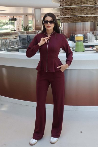 KECHİ WOMAN Oysho Fabric Back-Tie Zipper Suit Burgundy