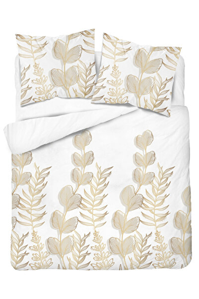 Detexpol Lenjerie de pat din satin 160x200 Alb cu frunze bej auriu - design e...