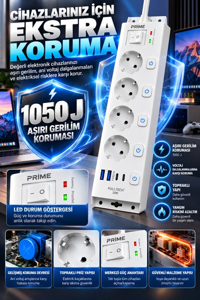 Merwish 4'lü Akım Korumalı Priz 1050 Joule, 3680W 16A, 2 USB-A + 2 Type-C PD 20W Hızlı Şarj, Bağımsız Anahtarlı, 2 Metre Kablolu Beyaz Çoklu Priz
