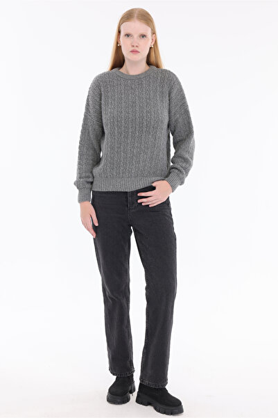 Trist Star Gray Women's Textured Knitted Crew Neck Sweater Trist-G-6168