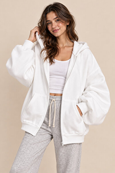 BW Bravely Wear Women's White Balloon Sleeve Cardigan with Hood, Full Zipper,...