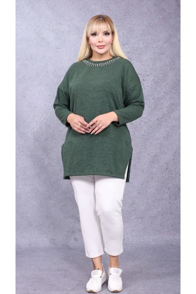 Laden Women's Knitwear Plus Size Women's Seasonal Mother's Blouse Knitted Imported Fabric Stone Embroidered Long Sleeve Side Slits Crew Neck Loose Fit Comfortable Fit Khaki