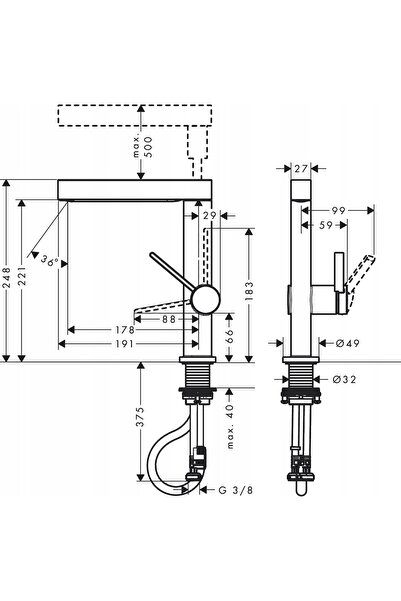 Hansgrohe Baterie de baie Finoris 230 cu pipă extractibilă 2 jeturi 76063000