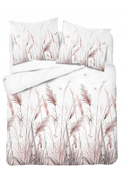 Detexpol Lenjerie de pat din bumbac alb 220x200 cu iarbă de pampas roz - 5756 B