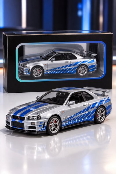 PONİKİDO Nissan Skyline Gt-R R34 1:24 Scale Metal Toy Car 22cm Sport Model with Openable Doors, Hood and Trunk