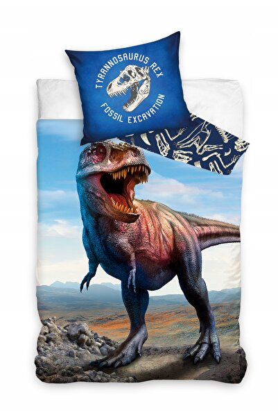 CARBOTEX Lenjerie de pat bumbac 140x200 Dinozaur T-REX albastru ciel C24