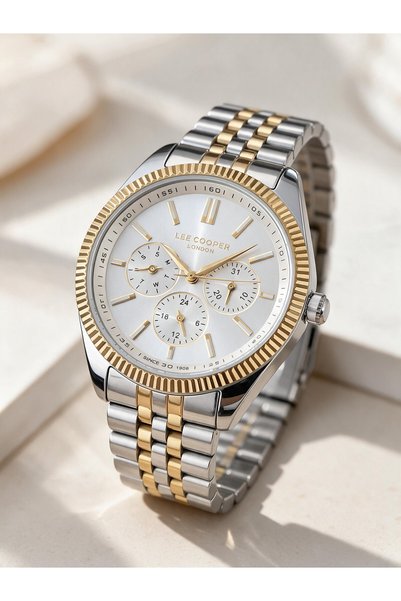 Lee Cooper Altın/Metalik Çelik Bilezik 34 mm Yuvarlak Kadın Kol Saati, Taşlı ...