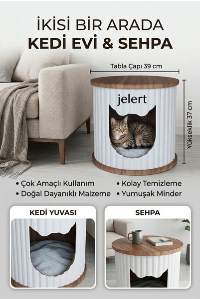 Jelert Kedi Evi & Sehpa - Beyaz, İkisi Bir Arada Dekoratif Sehpa ve Kedi Yuvasının Kombinasyonu
