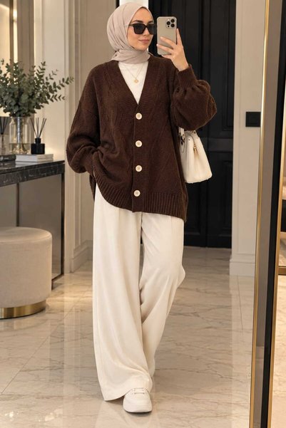 Budan Export Women's V-Neck Self-Patterned Soft Textured Buttoned Oversize Knitwear Cardigan