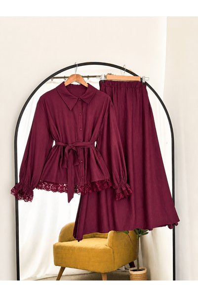 Hepsi Moda Side Buttoned Guipure Detailed Skirt Suit - 3026 - Plum