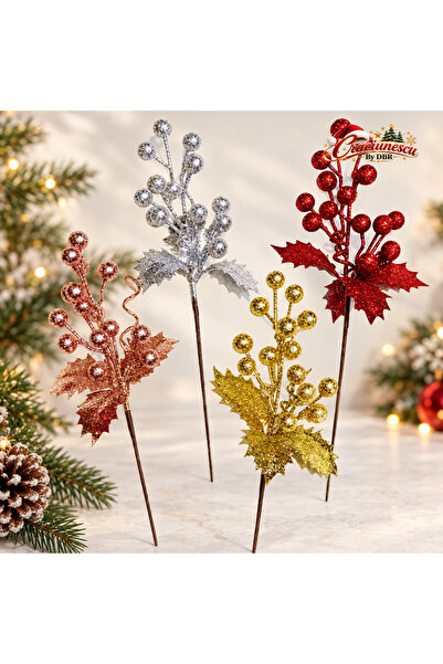 Craciunescu By DBR Floare Decorativa de Craciun 28 cm, cu Bobite si Sclipici -