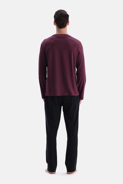 Dagi Set pantaloni și tricou cu mânecă lungă din bumbac, cu decolteu în V, culoare burgundy