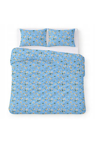 Karo Lenjerie de pat din bumbac 160x200 albastru cu margarete albe model clasic