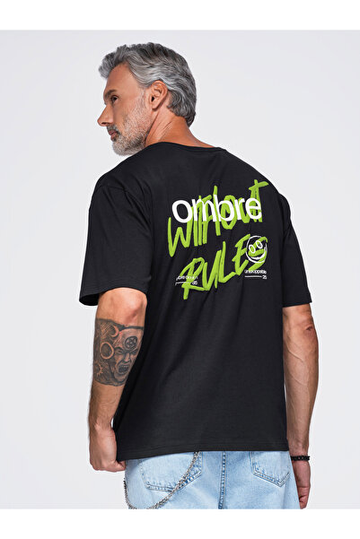 OMBRE Tricou bărbați, croială lejeră, guler rotund OM-TSPT-0284 Negru
