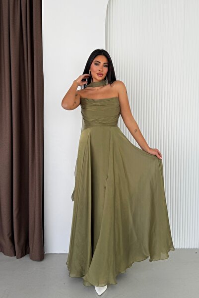 İyem Abiye Şallı Straplez Düz Organze Kumaş Abiye Elbise - Dar Kalıp