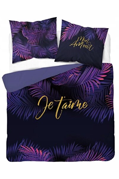 Detexpol Lenjerie de pat bumbac 160x200 Je t'aime frunze mov negru granat 4415