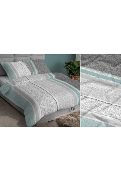 Karo Lenjerie de pat satin 140x200 gri mentă cu ornamente, fermoar 3567 B