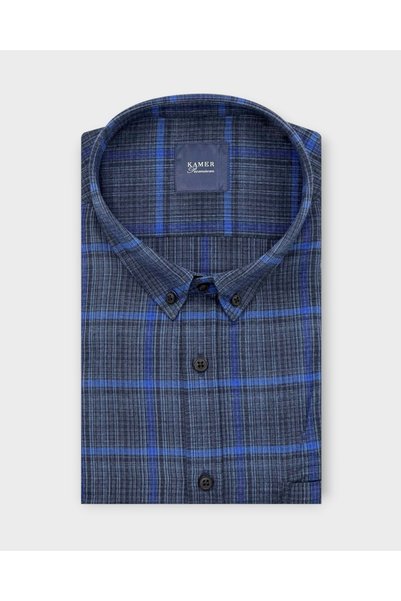 KAMER Battal (Large Size) Winter Buttoned Collar Plaid Dark Blue Shirt 3881L