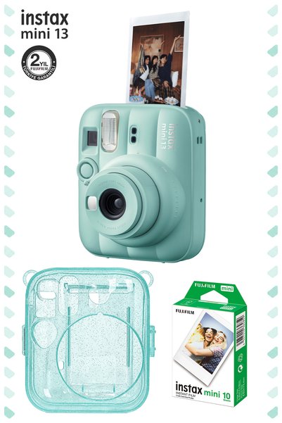 Fujifilm Instax Mini 13 Yeşil Fotoğraf Makinesi Simli Pleksi Kılıf ve 10'lu Film Hediye Seti-FOTSI00245-S3-10