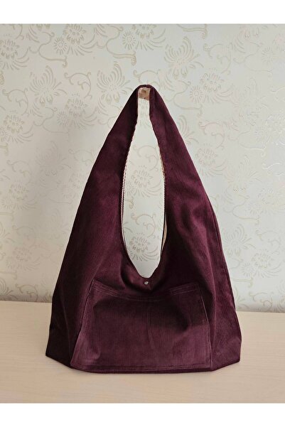 Talay Accessories Kadın Kızıl Mürdüm Fitilli Kadife Hobo Çanta | İç ve Dış Ce...