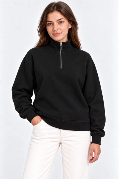 Keops Women's Three-Thread Ribbed High Collar Half-Zip Winter Sweatshirt - Black