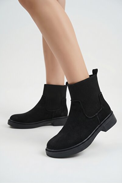 Bak Store Black Suede Women's Chelsea Boots with Stitched Sole and Elastic