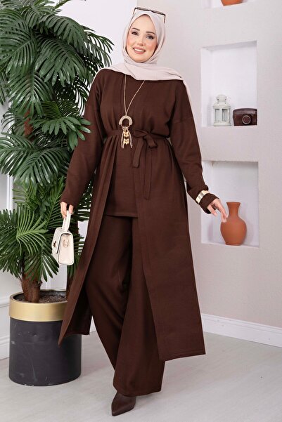 EBRUTESETTÜR Necklace Lace-Up Knitwear Three-Piece Set Brown
