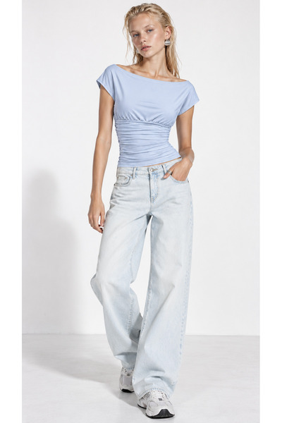 Kallisto Baby Blue Gathered Side Fitted Sandy Fabric Blouse