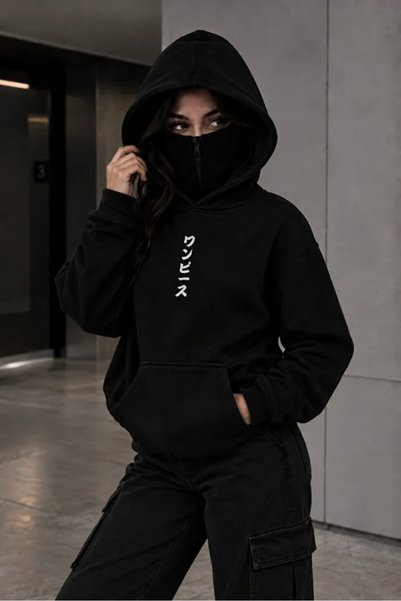 LOTS MODA Unisex Oversize Masked Hooded Sweatshirt with Zipper for Face Prote...